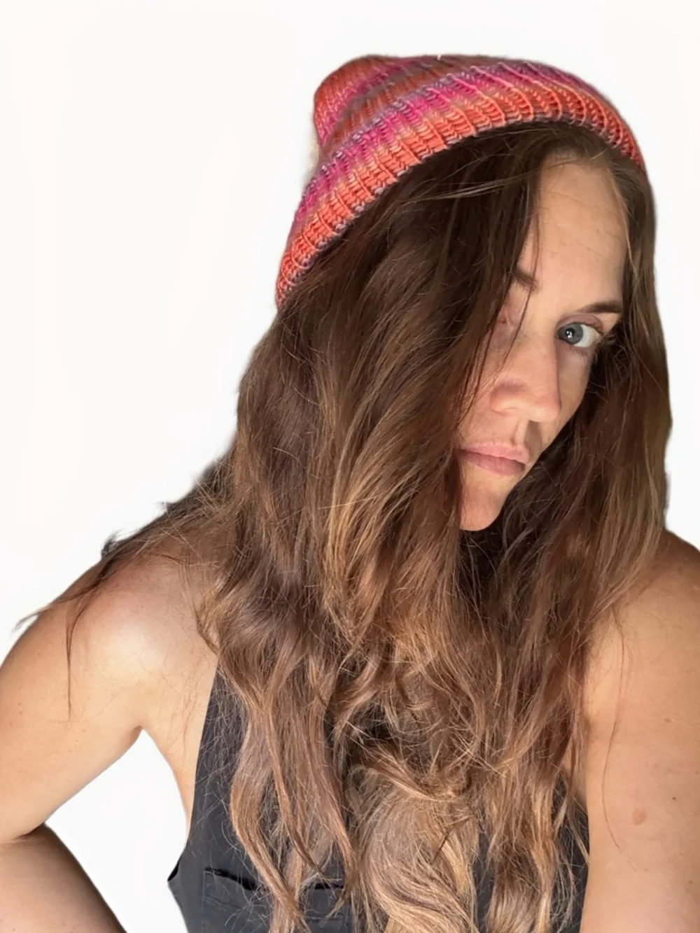 New knit pink striped foldover beanie hat